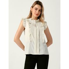 This Allegra K Women's Ruffle Shirt is perfect for spring and summer, suitable for various occasions such as office, work, business, casual, and dates. The sleeveless design with ruffled trim and keyhole button neck adds an elegant and feminine touch. This solid color top can be paired with jeans or straight-leg pants for work, or flared skirts for daily outfits. Made of 100% polyester, it offers a regular fit and is machine washable in cold water with like colors. Available in multiple sizes, t Casual Beige Blouse For Office Wear, Casual Beige Blouse For Office, Beige Office Lady Tops, Casual Beige Office Blouse, Trendy Sleeveless Workwear Blouse, Trendy Sleeveless Blouse For Workwear, Sleeveless Blouse For Office In Spring, Solid Summer Workwear Blouse, Solid Color Summer Workwear Blouse