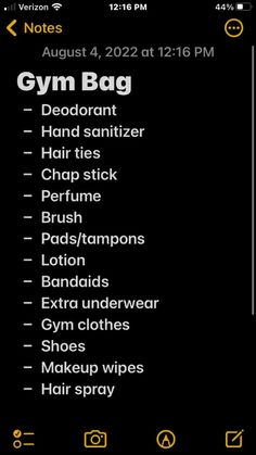 the gym bag list is displayed in this screenshote screen shot from an iphone