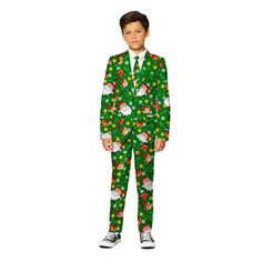 This Suitmeister green Christmas suit will definitely be loved by the entire family and will make your little man stand out during Christmas dinner. The print contains everything Christmas, like presents, trees, elves and, of course, Santa. This Suitmeister green Christmas suit will definitely be loved by the entire family and will make your little man stand out during Christmas dinner. The print contains everything Christmas, like presents, trees, elves and, of course, Santa. 3-piece set includ Winter Costume Suits With Long Sleeves, Holiday Green Long Sleeve Sets, Winter Party Green Suit, Green Winter Party Suit, Festive Green Long Sleeve Suit, Festive Green Fitted Suits, Fitted Green Suits For Festive Occasions, Green Christmas Holiday Sets, Christmas Long Sleeve Fitted Sets