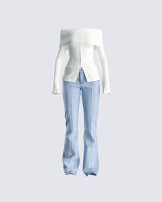 Bringing casual-chic to life with this two-piece set 🤍 With an ivory off shoulder sweater top paired with blue mid rise jeans - this fit is all you need to take on the day looking and feeling good 😘 Off The Shoulder Top Outfit, Shoulder Tops Outfit, Feminine Outfits, Strapless Ruffle Dress, Denim Set, Belly Shirts, Digital Closet, Future Clothes, Soft Feminine