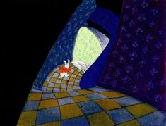 a drawing of a cat in the middle of a room with a checkered floor