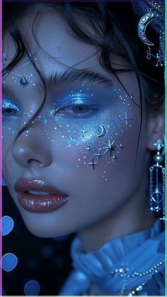 Mystic Blue Aesthetic, Mystic Woman Photography, Night Inspired Makeup, Moon Face Makeup, Blue Celestial Makeup, Blue Galaxy Makeup, Eyeshadow Designs Ideas, Rain Makeup Look, Celestial Fairy Makeup