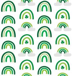 seamless pattern with green and white rainbows, clouds and shamrock leaves on a white background