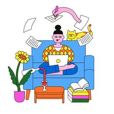 a person sitting on a couch with a laptop in their lap and papers flying around