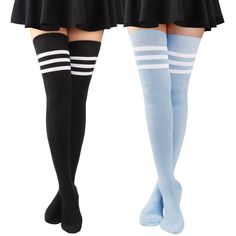 PRICES MAY VARY. Extra Long Thigh High Socks - AQOKKA thigh high socks have been expertly crafted to measure an impressive 35” (unstretched) from heel to the top. It can ensure a true thigh high experience for women between 5'2" and 6'9". such as, they almost reached the top of the thigh for a 5'3", 140-pound individual, delivering unmatched comfort and style. Elastic Material - These stretchy extra long thigh high socks are crafted from quality 80% acrylic, 15% spandex, 5% nylon, soft, flexible Thigh Highs And Skirt, High Thigh Socks, Thigh High Socks Plus Size, Striped Thigh High Socks, Thigh Socks, Striped Stockings, Over Knee Socks, Thigh High Socks, Socks For Women