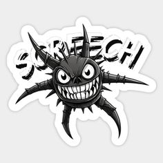 a black and white sticker with an evil face on it's head, the word