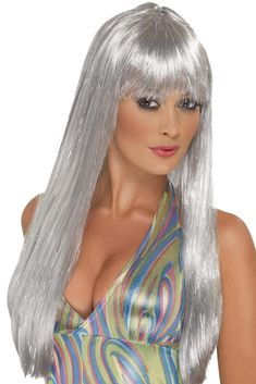 PRICES MAY VARY. Includes Glitter Disco Wig, Silver, Long Straight with Fringe Only available in one size Our dedicated in-house Safety team ensure that all of our products are manufactured and rigorously tested to comply with the latest EU and American Safety standards and regulations. Smiffys is a leading fancy dress supplier and family business with a 125 year heritage in costumes, wigs, make up and accessories. Please note that all our Smiffys products will always come in full Smiffys brande Disco Wig, Disco Fancy Dress, Disco Outfits, Festival Fancy Dress, Silver Wigs, Musica Disco, Disco Costume, Womens Fancy Dress, Grey Wig