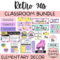 the retro 90's classroom bundle is shown with pink and purple colors, including an image