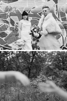 black and white photograph of bride and groom in front of graffiti wall