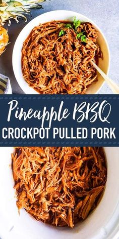 pineapple bbq crockpot pulled pork in a white bowl