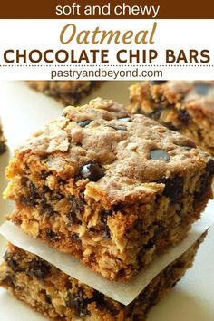 chocolate chip oatmeal bars stacked on top of each other with text overlay