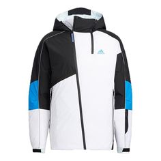 adidas Winter Down Jkt White Sportswear Outerwear For Outdoor Activities, Sporty Hooded Jacket For Cold Weather, White Patchwork Windbreaker For Outdoor, White Track Jacket For Winter Outdoor Activities, White Windproof Sportswear Outerwear, Sporty Windbreaker For Cold Weather, Sporty Outerwear For Ski Season, White Patchwork Track Jacket For Outdoor, Functional White Hooded Jacket For Outdoor Activities