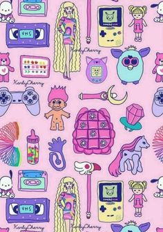 a pink background with various cartoon characters and objects on it's side, including cell phones