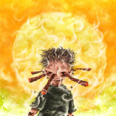 a drawing of a boy holding two sticks in his hands with flames coming out of the background