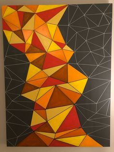 an abstract painting with orange, yellow and red shapes on black paper in the shape of a woman's head