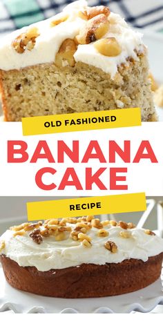 old fashioned banana cake recipe with white frosting and walnuts on top, sitting on a plate