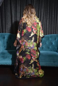 floral Kaftan Abaya floor length Black Silk Maxi Dress For Vacation, Black Silk Dress For Vacation, Black Printed V-neck Kaftan, Black Maxi Dress For Spring Loungewear, Spring Black Maxi Dress For Loungewear, Summer Black Silk Kimono, Silk Floral Print Tunic Kaftan, Black Silk Summer Kimono, Black Silk Kimono For Summer