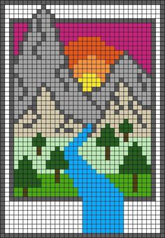 a cross stitch pattern with mountains and water