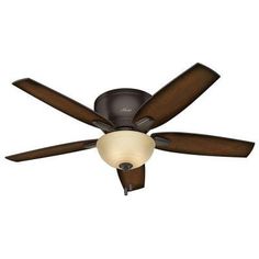 a ceiling fan with two lights on each side and a dark brown finish to it