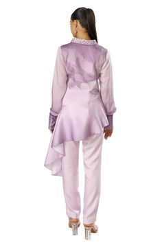 Purple asymmetric top featuring floral abstract print with hand embroidered collar and sleeve hem. Paired with a  solid co-ordinating pant. - Aza Fashions Satin Hands, Asymmetric Top, Embroidered Collars, Abstract Floral Print, Floral Abstract, Satin Color, Asymmetrical Tops, Co Ord Set, Modern Bride