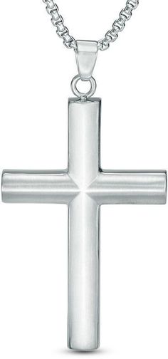 Zales Men's Satin Cross Pendant in Stainless Steel - 24" Box Chain, Cross Pendant, Satin, Stainless Steel, Chain, Pendant