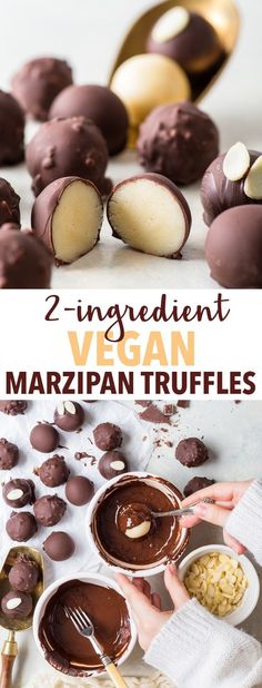 two ingredient vegan marzipan truffles with chocolate and macaroni on the side