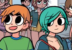 two cartoon characters standing next to each other in front of a group of people with green hair