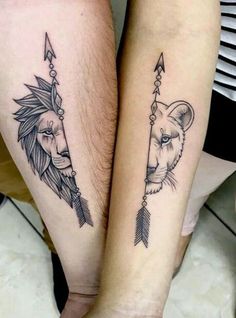 two people with tattoos on their legs and one is holding an arrow in the other hand