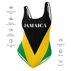 Introducing our stunning one-piece bathing suit, inspired by our designer's birthplace of Jamaica! This unique swimsuit is designed to flatter all figures while showcasing the Jamaican flag's vibrant colors and bold design. Crafted with the highest quality materials, our one-piece swimsuit provides superior comfort and style. The design features a figure-flattering silhouette that highlights your curves in all the right places while accentuating your best features. The suit's seamless constructi Unique Swimsuits, Jamaican Flag, Jamaica Flag, Fabric Labels, Feel Confident, Swimwear Collection, Moisture Wicking Fabric, Jamaica, One Piece Swimsuit