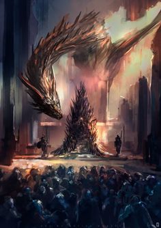 a large dragon sitting on top of a giant throne in front of a group of people