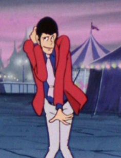 an animated image of a man in white pants and a red jacket with his hands on his head