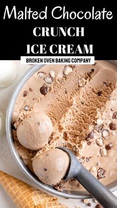 an ice cream dish with chocolate chunks in it and the words, melted chocolate crunch ice cream