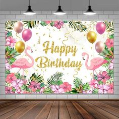 a birthday card with flamingos, balloons and flowers on a brick wall in an empty room