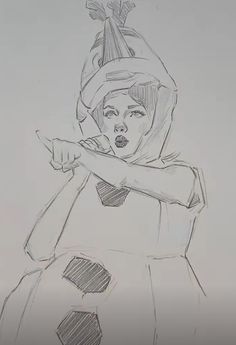 a drawing of a woman with a scarf around her head and holding a baseball bat