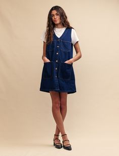 Denim Pinafore, Indigo Blue, Dark Denim, Blue Fashion, Fabric Care, Print Dress, Fitness Models, Long Sleeve Tops, Organic Cotton