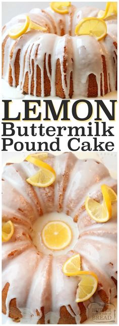 lemon buttermilk pound cake on a plate with the title overlaying it