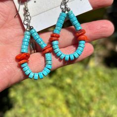 Fabulous Turquoise And Coral With Sterling Silver Earrings Hand Crafted. Never Worn. New Condition. Earrings Hang Approximately 3.3 Cm. (Not Including Hook. Southwestern Blue Jewelry With Ear Wire, Southwestern Blue Earrings With Ear Wire, Southwestern Blue Earrings For Pierced Ears, Southwestern Style Blue Earrings For Pierced Ears, Southwestern Style Blue Pierced Earrings, Blue Southwestern Earrings With Natural Stones, Southwestern Blue Earrings With Natural Stones, Handcrafted Jewelry, Sterling Silver Earrings