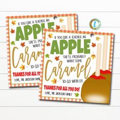 two printable thanksgiving cards with an apple