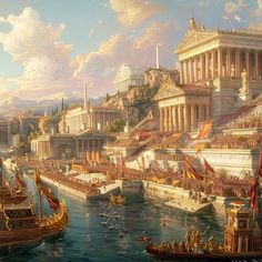 a painting of an ancient city with boats in the water