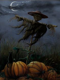 a painting of a scarecrow in a field with pumpkins and a full moon