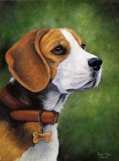 a painting of a brown and white dog with a bone in his collar, looking to the side