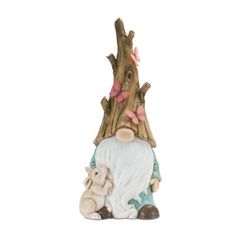 a figurine of a gnome and his dog sitting next to a tree stump