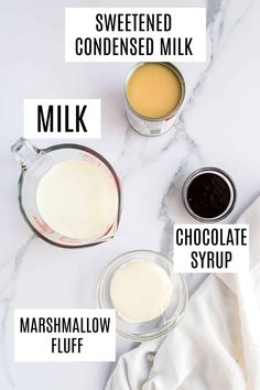 ingredients to make homemade chocolate syrup on a marble counter top with text overlay that says, how to make homemade chocolate syrup