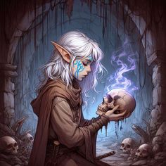 a white haired elf holding a skull in her hands