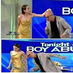 two pictures of a man and woman dancing on the set of tonight show boy abuella