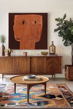 a living room with a large painting on the wall and a coffee table in front of it