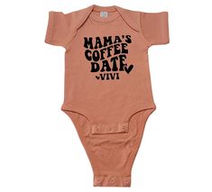 Custom made to order MAMA's COFFEE DATE infant bodysuit, toddler shirt or youth shirt.  Choose from Infant bodysuit, toddler shirt or youth shirt.  (Props used in photos are for aesthetics only and are not included in purchase.) First photo shows Matte Black design on a Sunset infant bodysuit.  Second photo shows Matte Black design on a Natural infant bodysuit.  (Please see the color charts posted as not all colors are available in all sizes.) These soft and comfy bodysuits and tees run pretty true to size to a little on the small size (if in doubt I would size up one size).  I have included the sizing charts by the manufacturers above in the photos.  You can take your favorite comfy shirt, lay it on a flat surface and compare the measurements of your favorite fitting shirt to the manufact Fitted Graphic Print Short Sleeve Bodysuit, Fitted Short Sleeve Bodysuit With Graphic Print, Fitted Short Sleeve Onesie For Family Matching, Fitted Short Sleeve Onesie With Custom Print, Fitted Short Sleeve Onesie With Name Print, Customizable Short Sleeve Onesie, Customizable Fitted Short Sleeve Bodysuit, Fitted Family Matching Onesie With Graphic Print, Casual Short Sleeve Onesie As A Gift