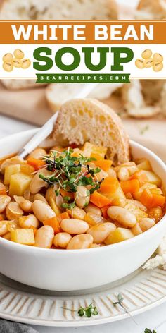 Discover White Bean Soup, the perfect warm dinner idea! Made in one pot with pantry staples, this fast to make Italian soup is satisfying, especially when served with toasted bread. Try this hearty soup tonight and enjoy! White Bean Soup Recipes Healthy, Bean And Potato Soup, Bean Soup Mix Recipe, Vegetarian Bean Recipes, Creamy White Bean Soup, Crockpot Ham And Beans, White Bean Soup Recipes, Healthy Beans