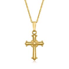 Ross-Simons - Child's 14kt Yellow Gold Cross Pendant Necklace in 14kt Yellow Gold. 15". Give any of the little ones in your life a meaningful piece of jewelry that will last them a lifetime. This ornate cross pendant necklace is crafted of 14kt yellow gold and completed with intricate milgrain detailing. Suspends from a rope chain. Springring clasp, 14kt yellow gold cross pendant necklace. Ornate Cross, Diamond Anklet, Italian Gold Jewelry, Mixed Metal Bracelets, Pearl Bracelet Gold, Pearl Strands Necklace, Pearl Anklet, Detailed Necklace, Mixed Metal Jewelry