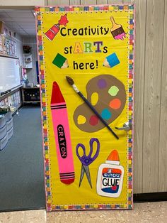 a bulletin board with craft supplies on it